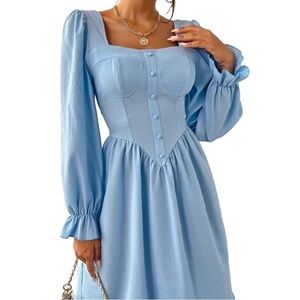 Spring square neck flounce sleeve ruffle hem dress baby blue new size Large
